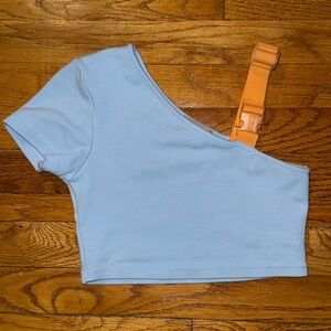One-Shoulder Light Blue Top with Orange Strap